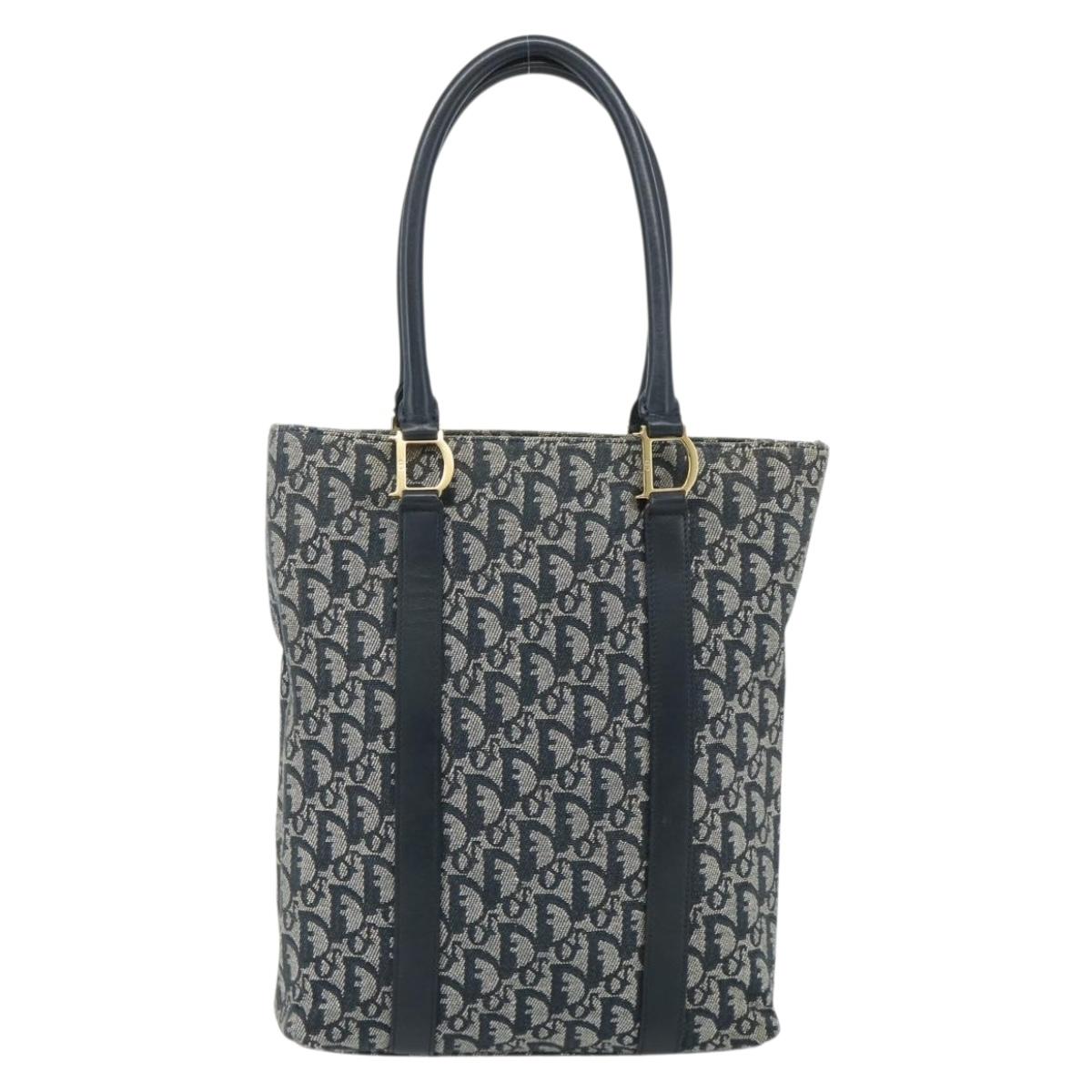 Christian Dior Trotter Canvas Tote Bag Navy Gold Auth 175856