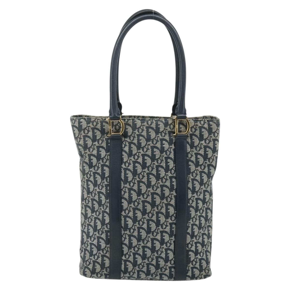 Christian Dior Trotter Canvas Tote Bag Navy Gold Auth 175856