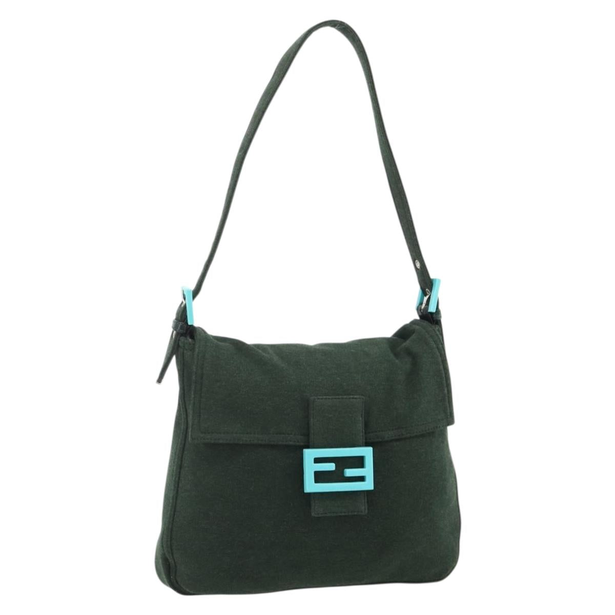 FENDI Mamma Baguette Shoulder Bag cotton Green Silver Auth 175871