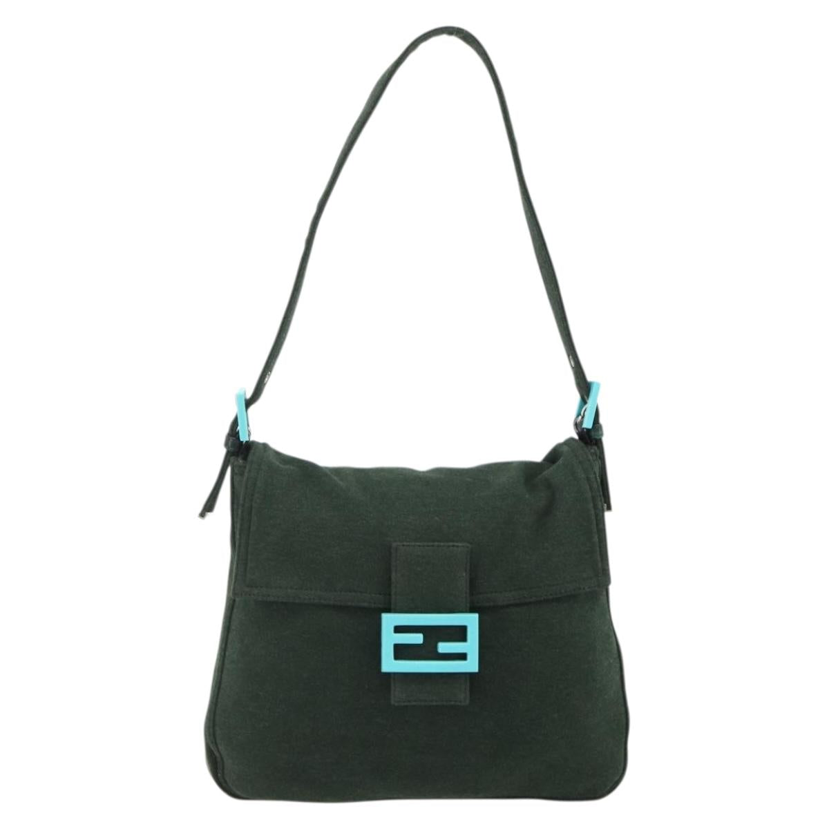 FENDI Mamma Baguette Shoulder Bag cotton Green Silver Auth 175871