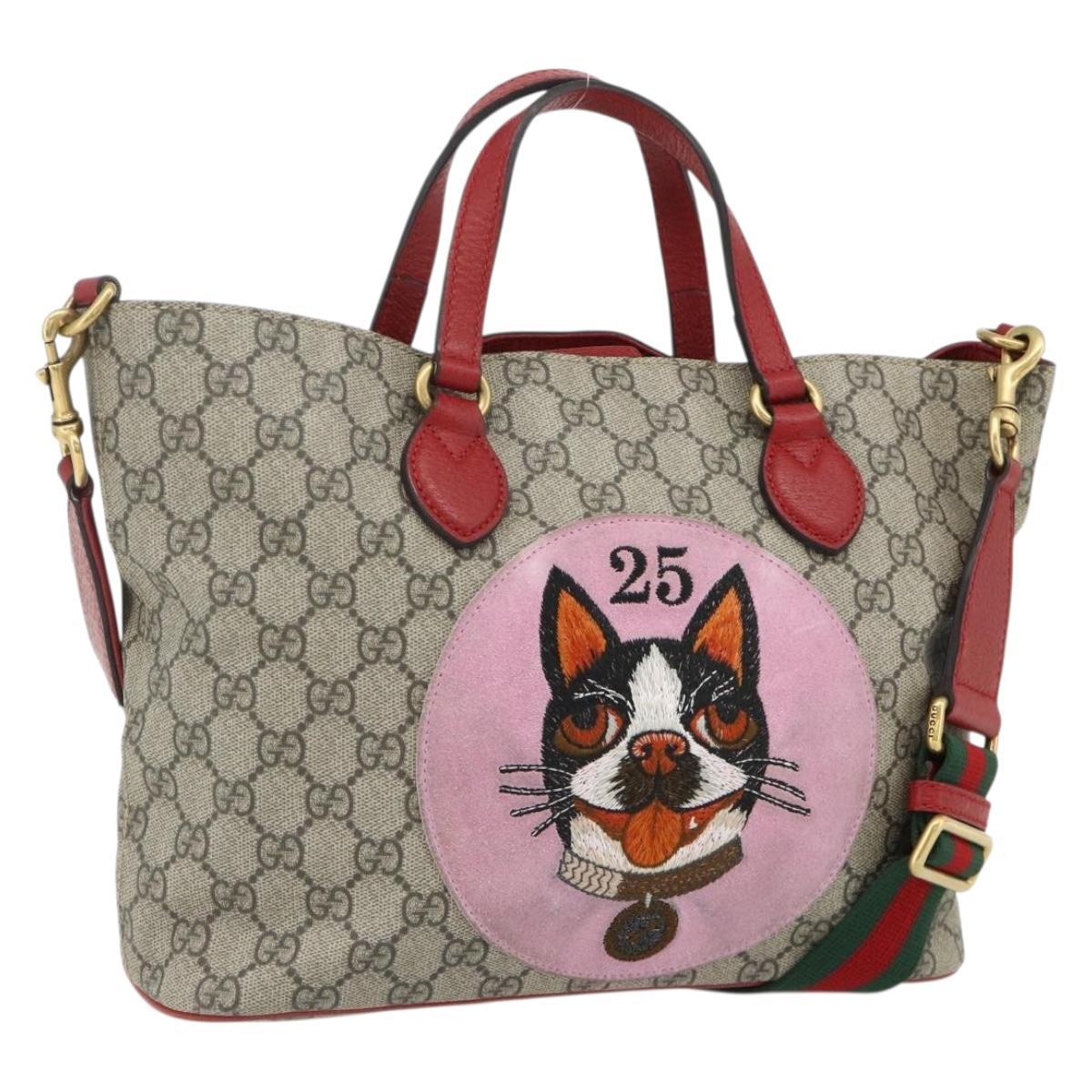 GUCCI GG Supreme Mystic Cat Hand Bag PVC 2way Beige Gold 473887 Auth 175893A