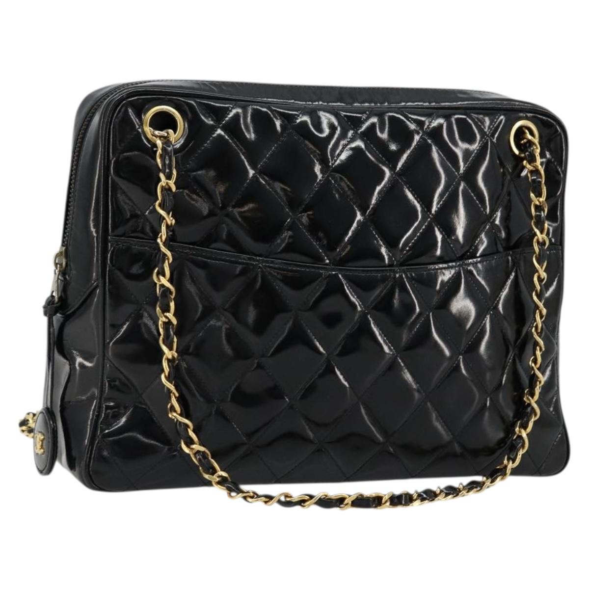 CHANEL Matelasse Chain Shoulder Bag Patent leather Black Gold CC Auth 175899