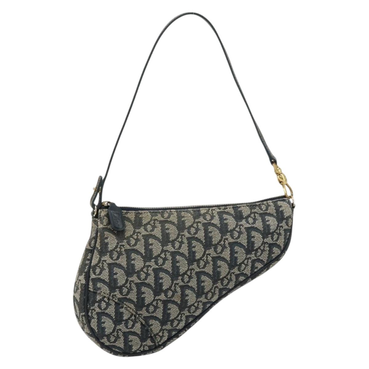 Christian Dior Trotter Canvas Saddle Pouch Navy Gold Auth 175907A