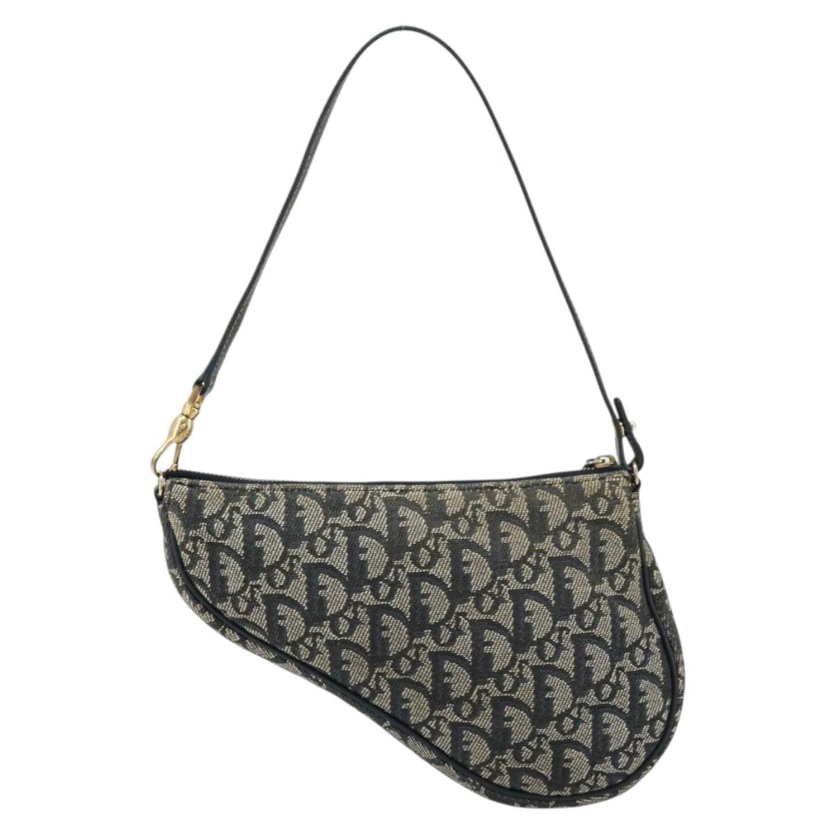 Christian Dior Trotter Canvas Saddle Pouch Navy Gold Auth 175907A