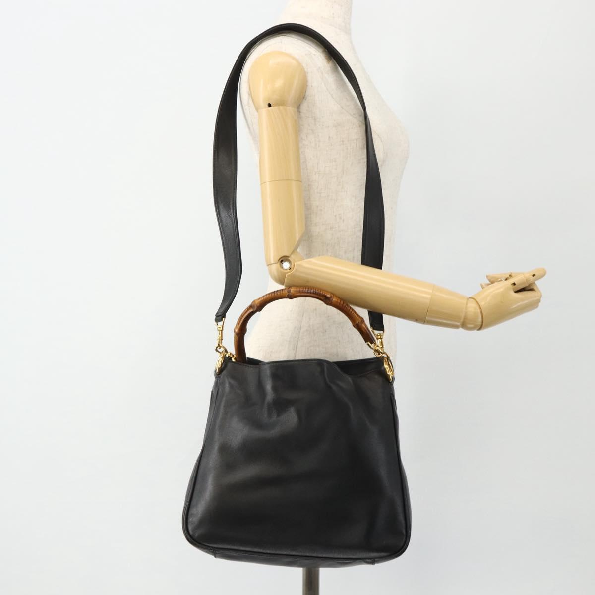 GUCCI Bamboo Shoulder Bag Leather 2way Black Gold Auth 175954
