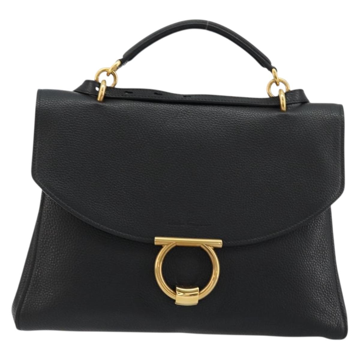 Salvatore Ferragamo Gancini Shoulder Bag Leather Black Gold Auth 175970A