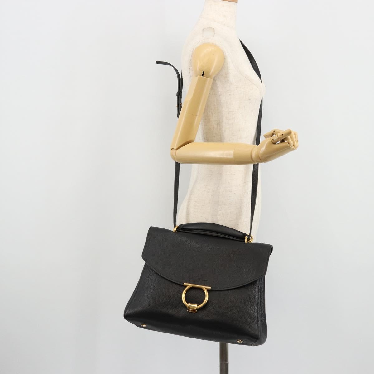 Salvatore Ferragamo Gancini Shoulder Bag Leather Black Gold Auth 175970A