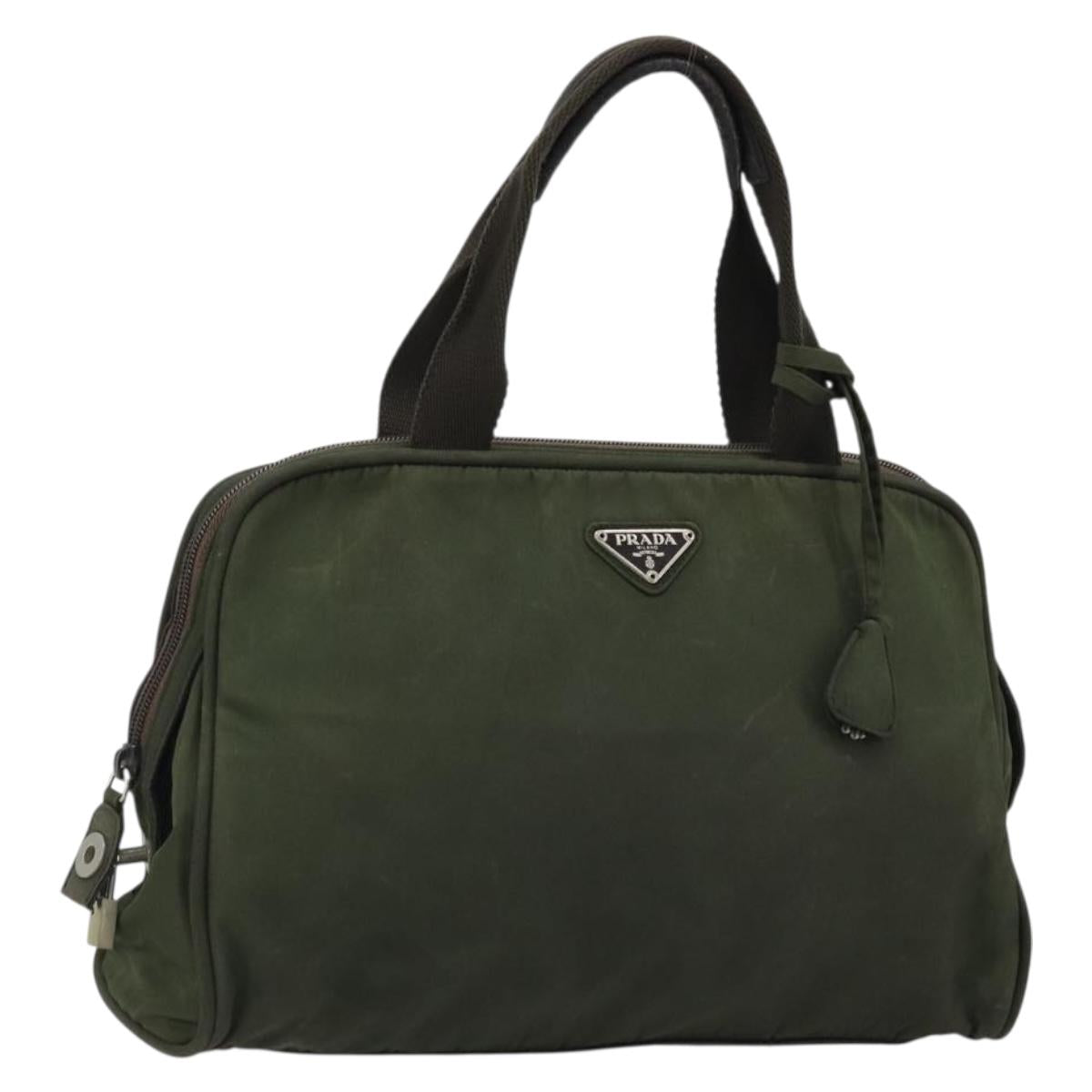 PRADA Hand Bag Nylon Khaki Silver Auth 175996