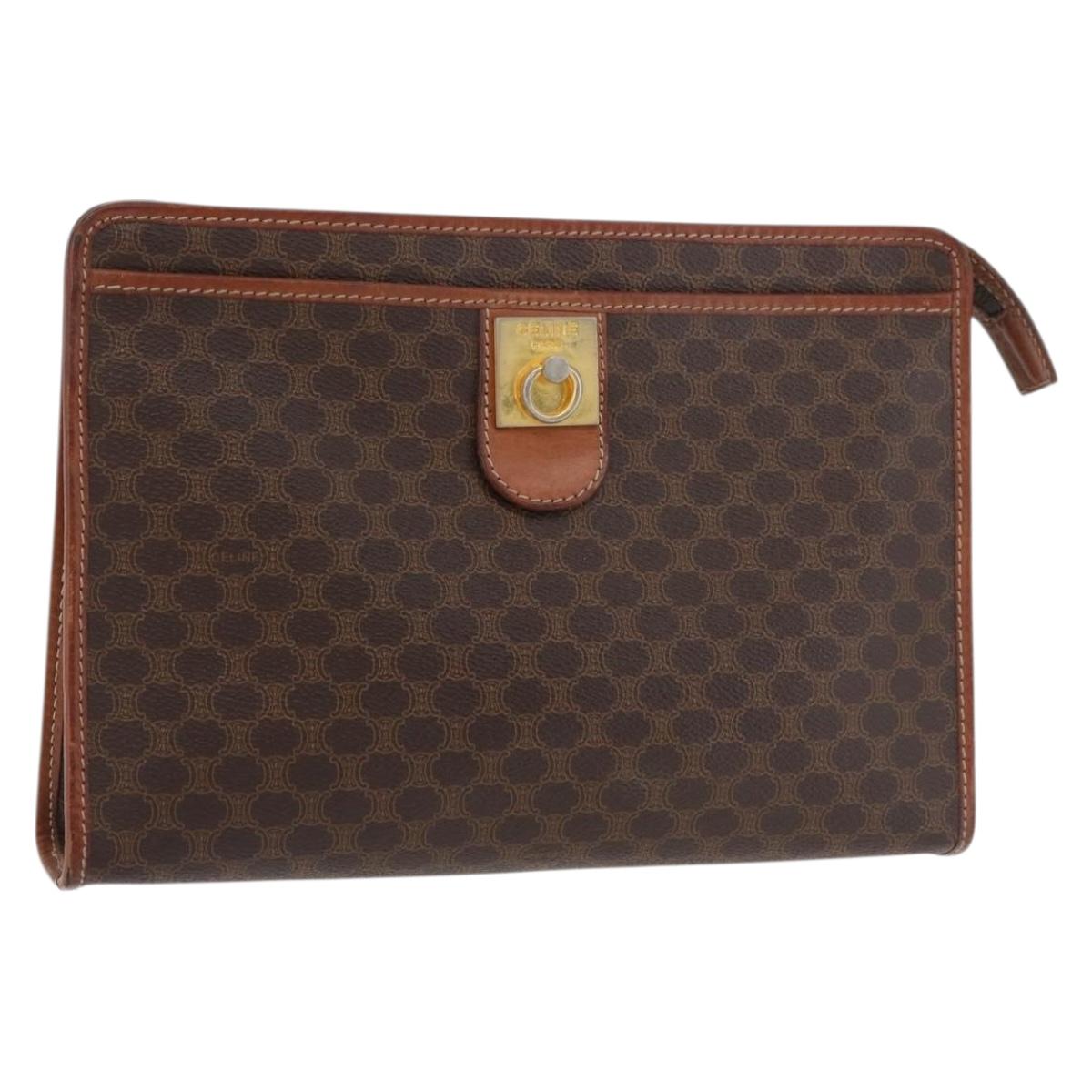 CELINE Macadam Canvas Clutch Bag PVC Leather Brown Gold Auth 176026