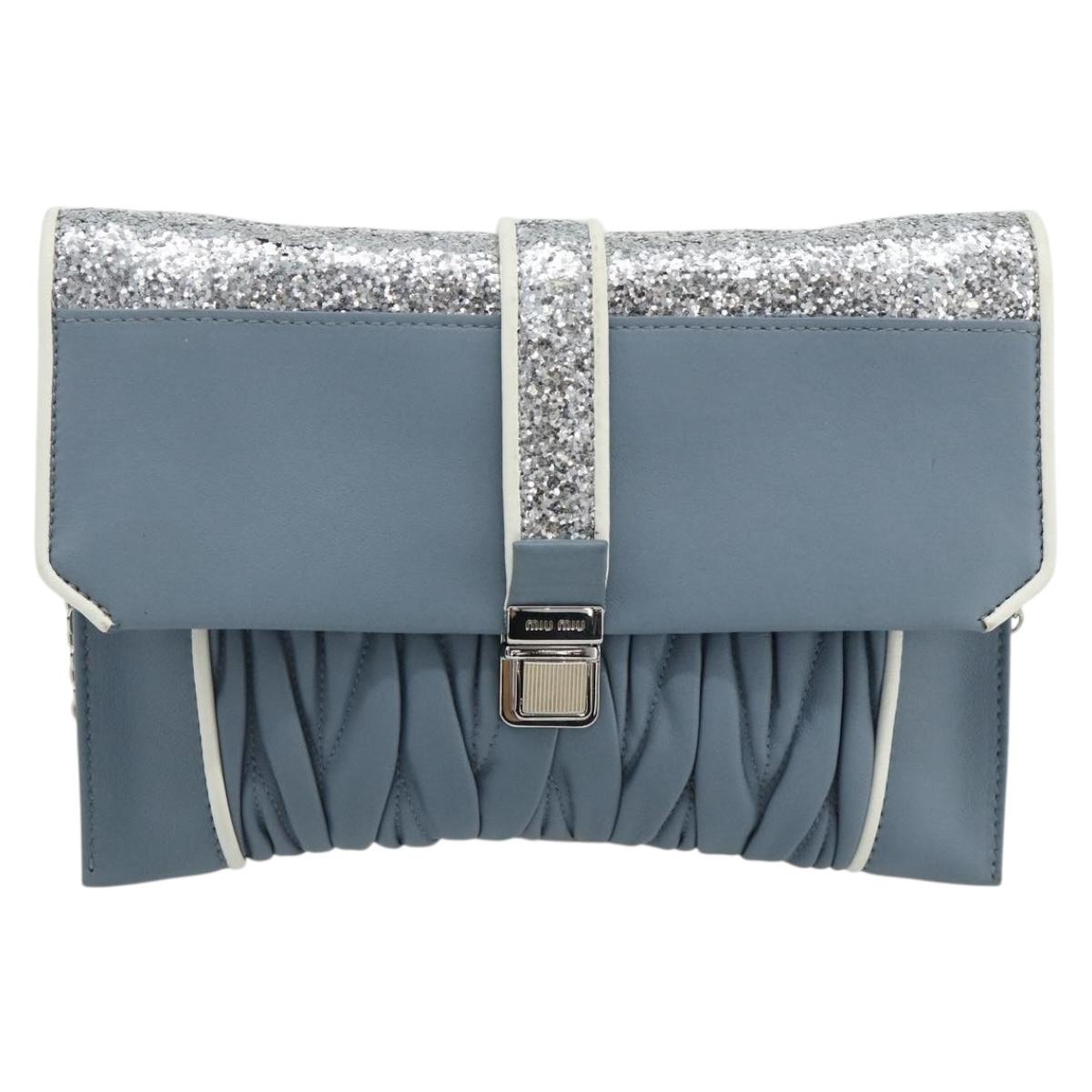 Miu Miu Matelasse Chain Shoulder Bag Leather Light Blue Silver Auth 176054