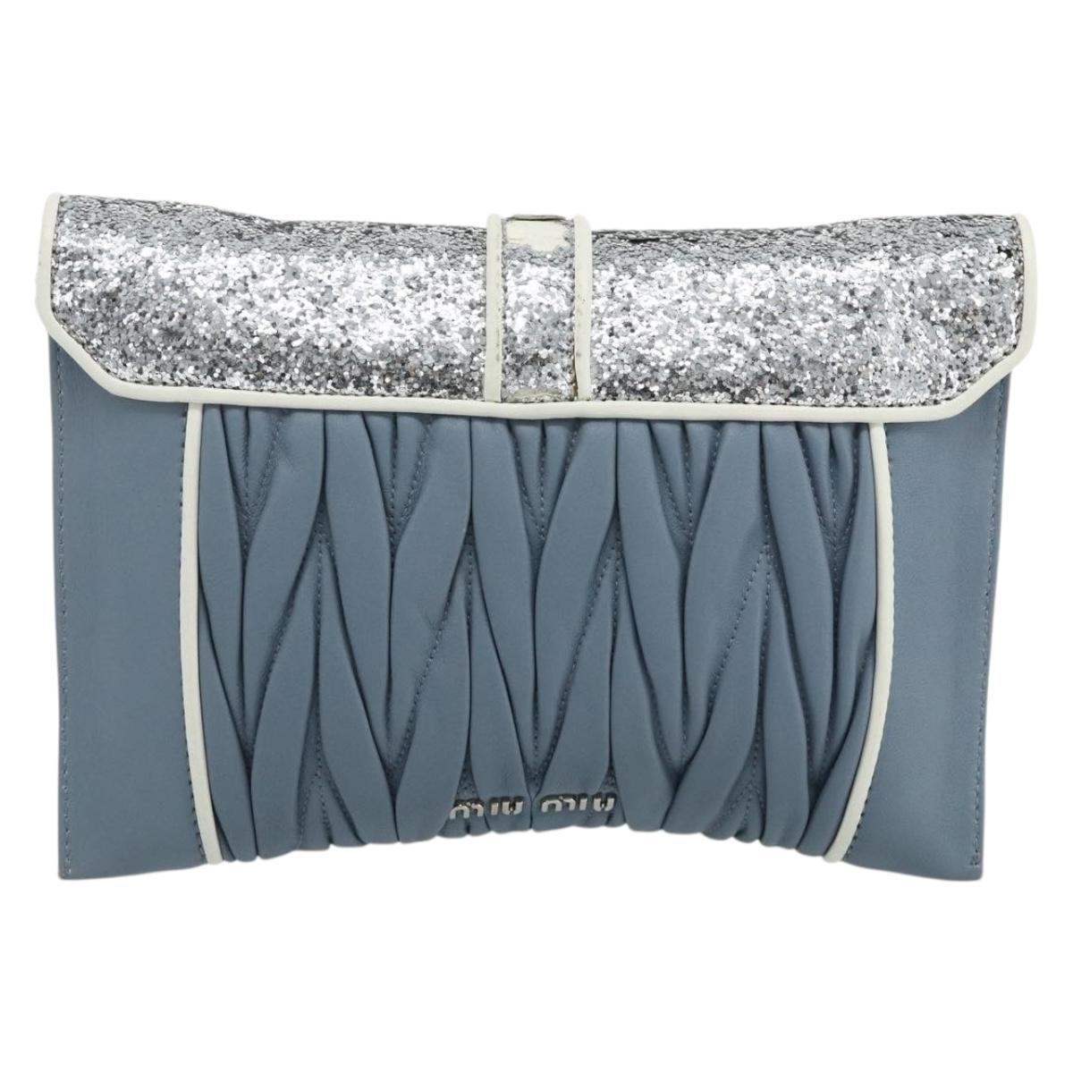 Miu Miu Matelasse Chain Shoulder Bag Leather Light Blue Silver Auth 176054