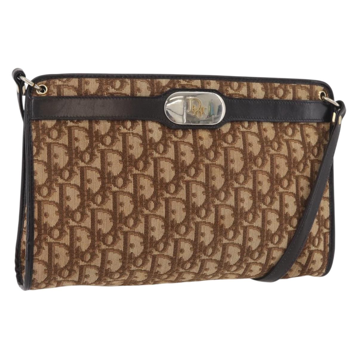 Christian Dior Trotter Canvas Shoulder Bag Beige Gold Auth 176056