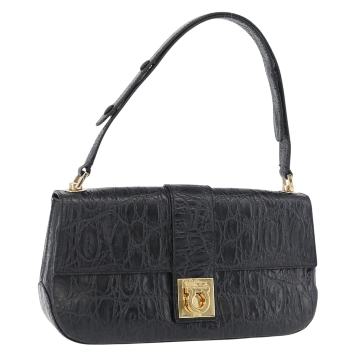 Salvatore Ferragamo Gancini Croco Embossed Bag Leather Black Gold Auth 176066A