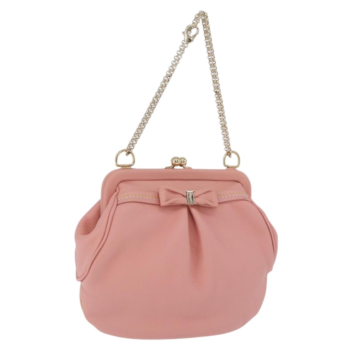 Salvatore Ferragamo Gancini Chain Shoulder Pouch Leather Pink Gold Auth 176068A