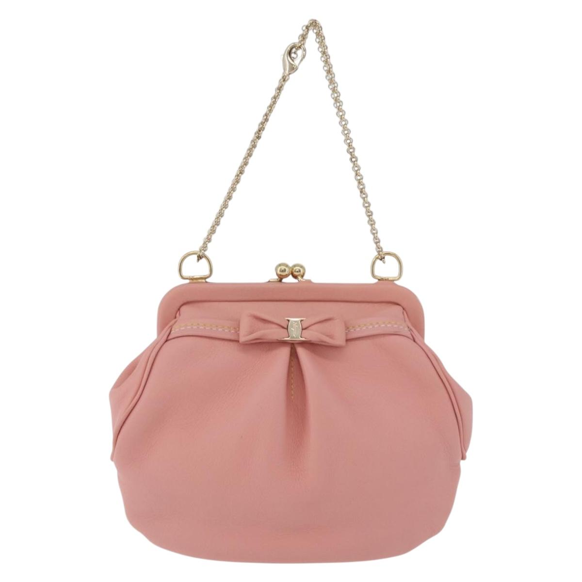 Salvatore Ferragamo Gancini Chain Shoulder Pouch Leather Pink Gold Auth 176068A
