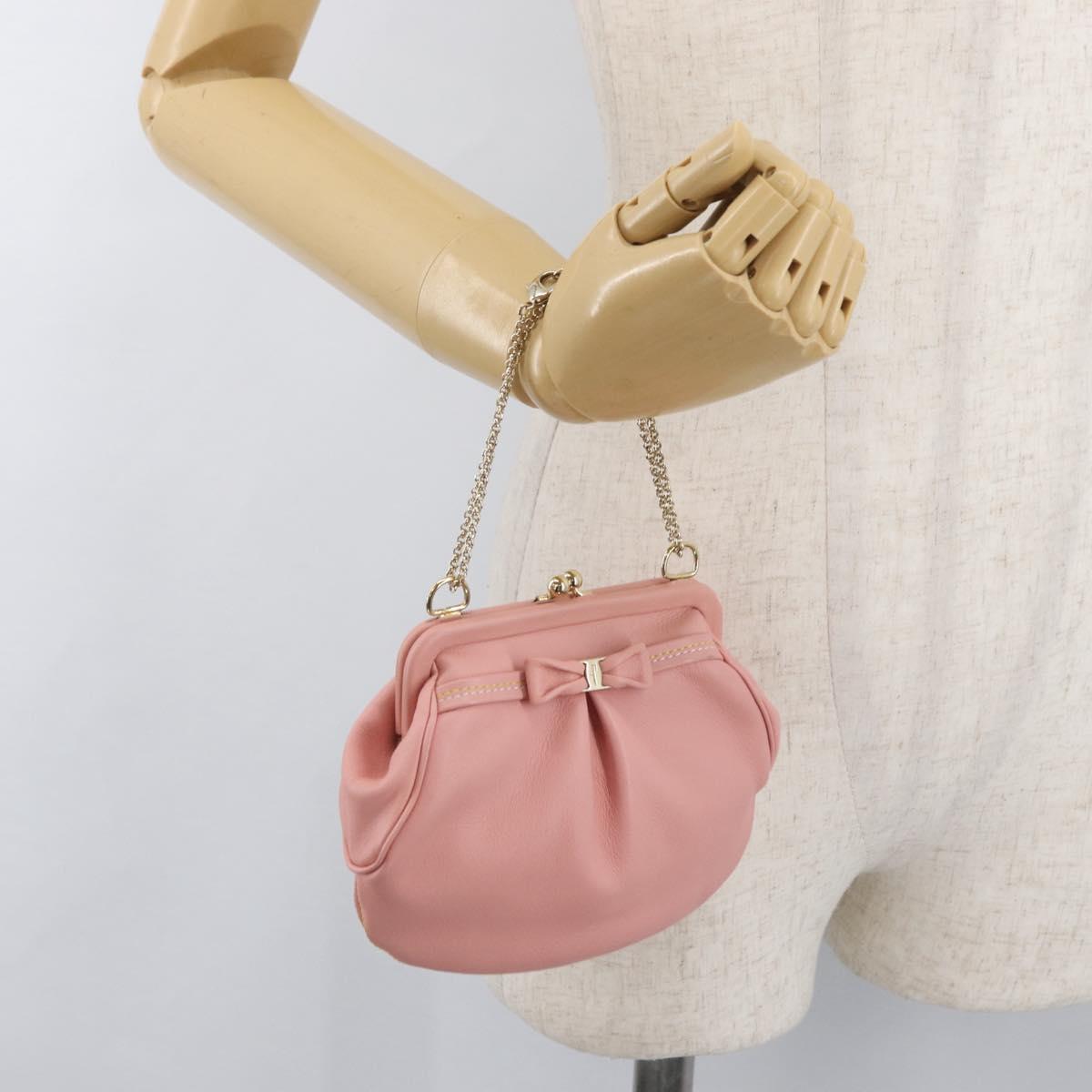 Salvatore Ferragamo Gancini Chain Shoulder Pouch Leather Pink Gold Auth 176068A