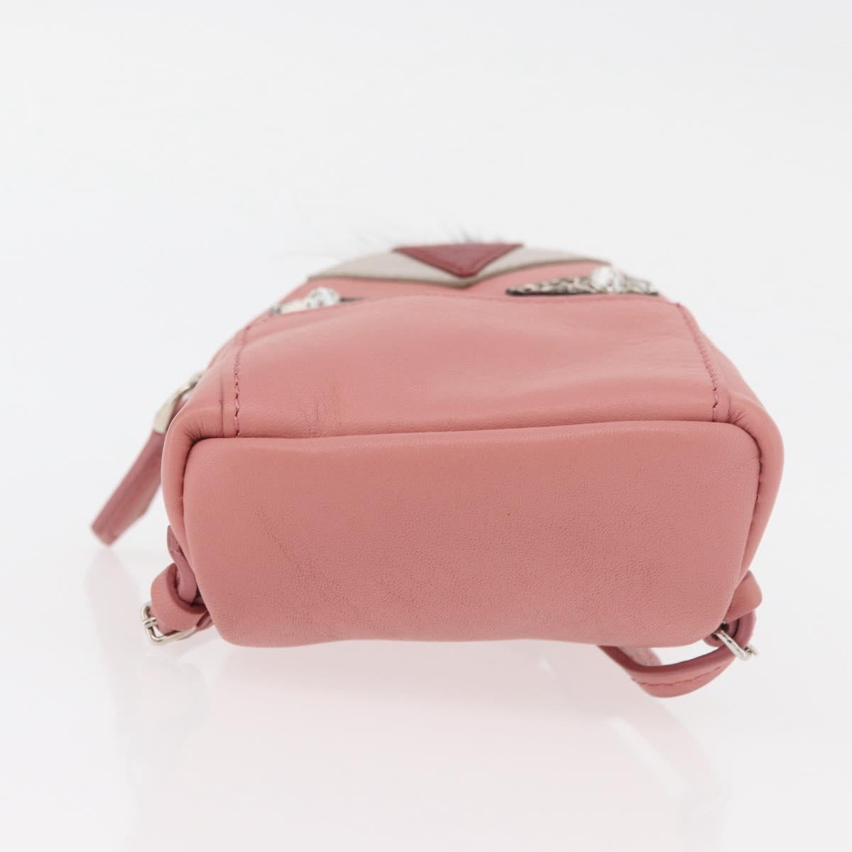 FENDI Monster Eyes Bag Charm Leather Pink Silver Auth 176072A