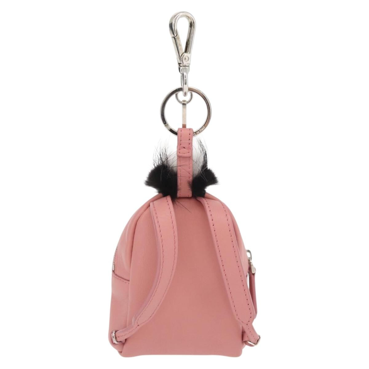 FENDI Monster Eyes Bag Charm Leather Pink Silver Auth 176072A