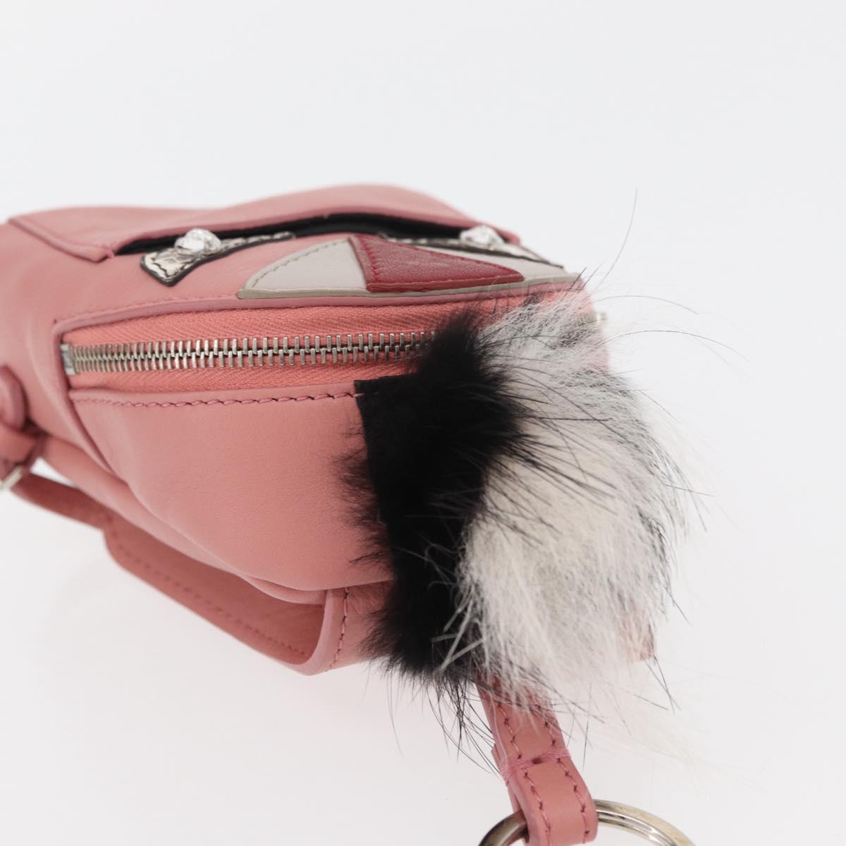 FENDI Monster Eyes Bag Charm Leather Pink Silver Auth 176072A