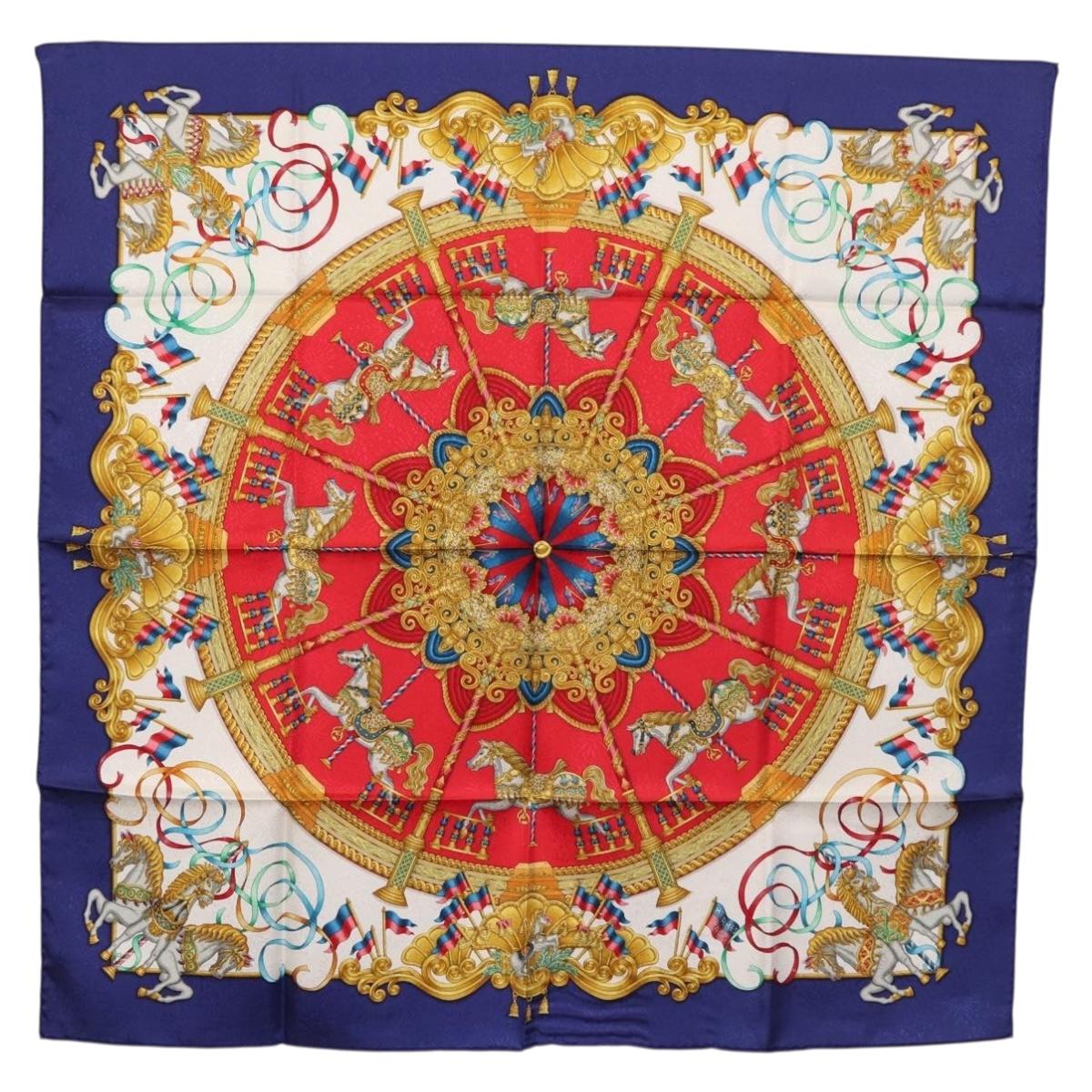HERMES Carre 90 Scarf ""LUNA PARK"" Silk Blue Auth 176081A