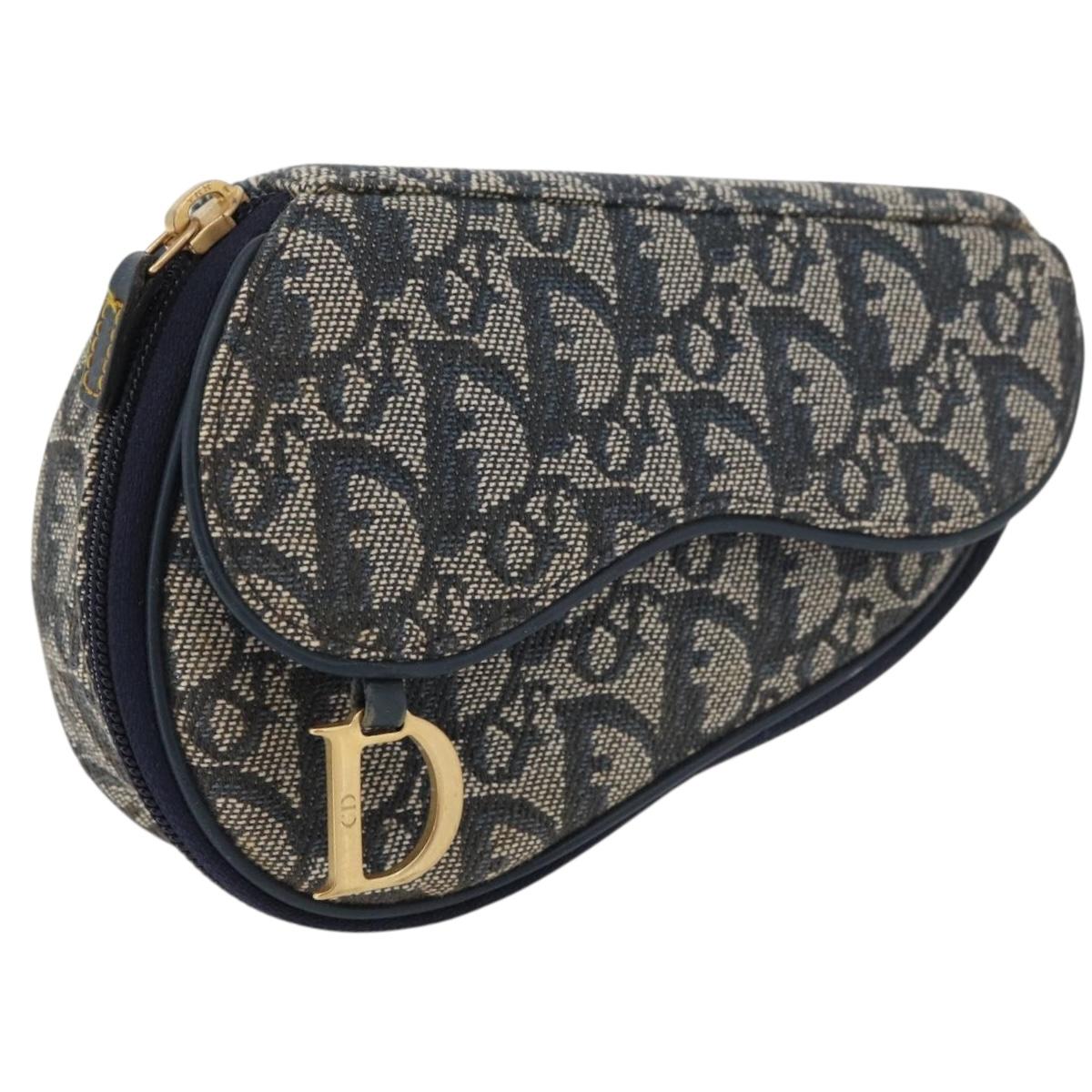 Christian Dior Trotter Canvas Saddle Pouch Navy Gold Auth 176085A