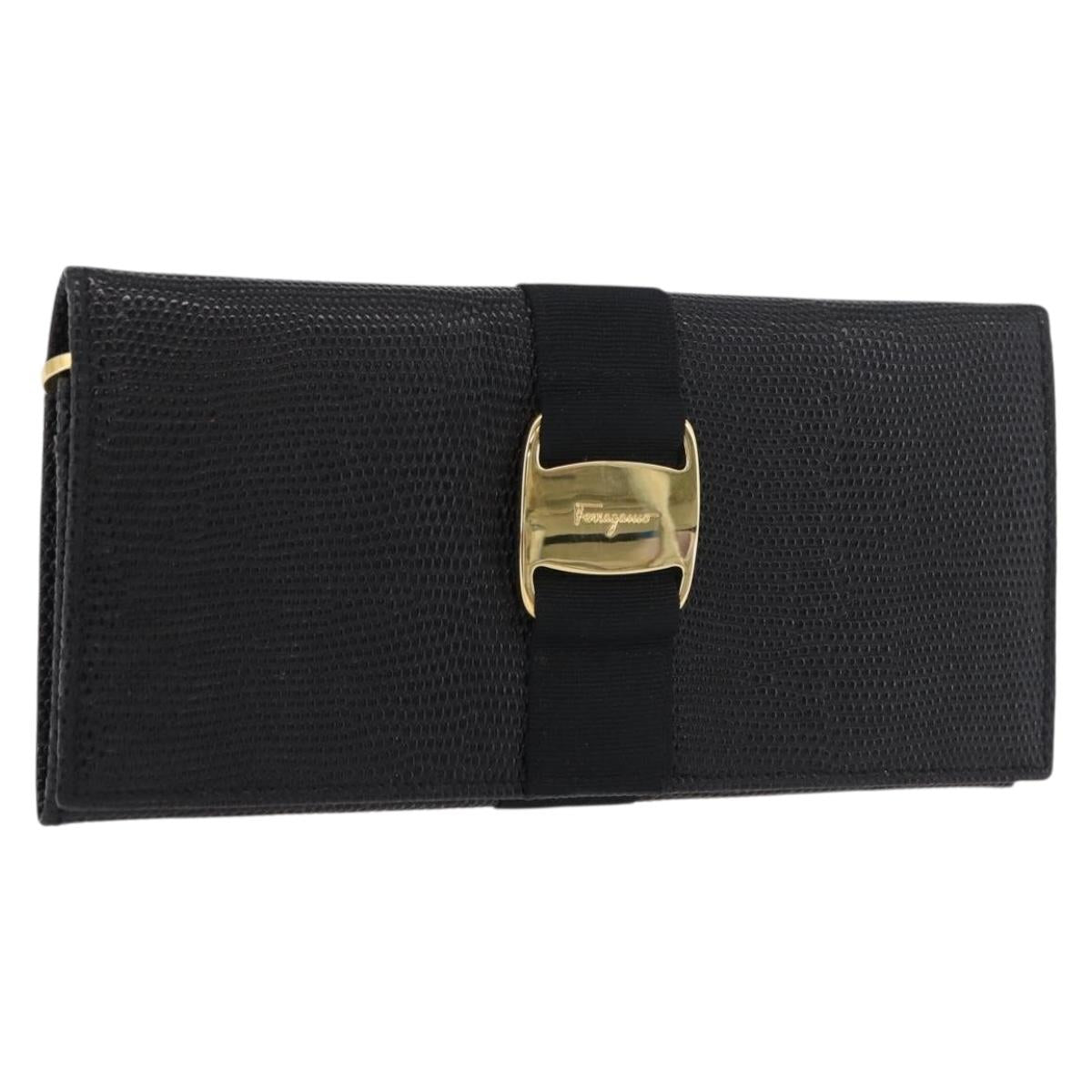 Salvatore Ferragamo Vala Long Wallet Leather Black Gold Auth 176114A