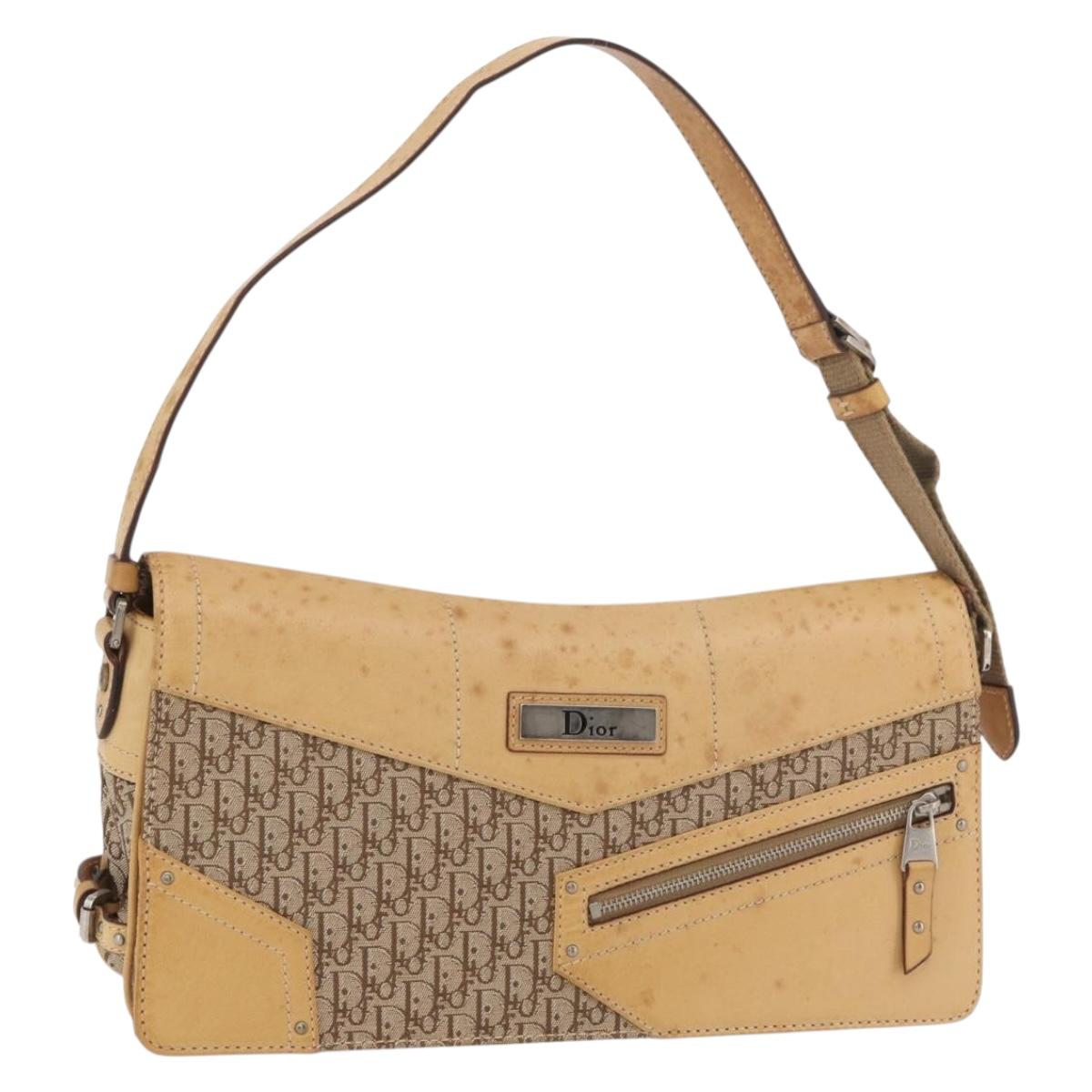 Christian Dior Trotter Canvas Street Chic Shoulder Bag Beige Silver Auth 176137A