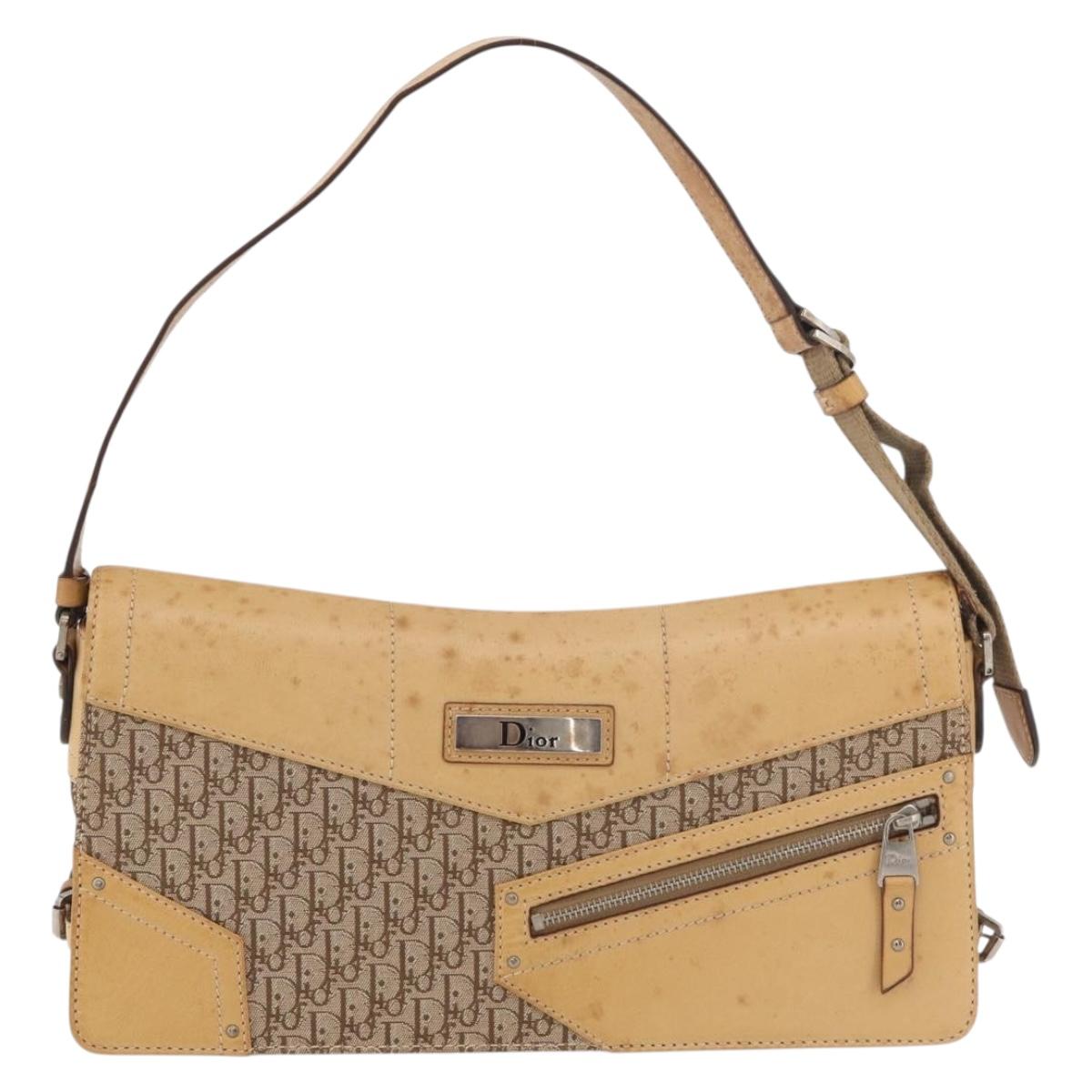 Christian Dior Trotter Canvas Street Chic Shoulder Bag Beige Silver Auth 176137A