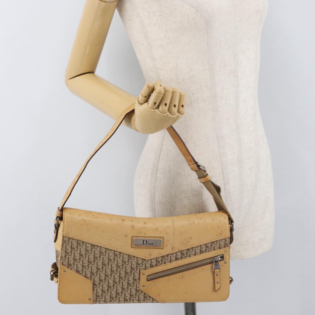 Christian Dior Trotter Canvas Street Chic Shoulder Bag Beige Silver Auth 176137A