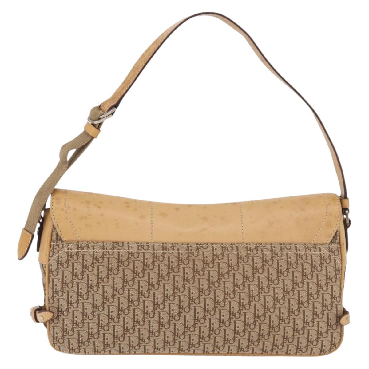 Christian Dior Trotter Canvas Street Chic Shoulder Bag Beige Silver Auth 176137A