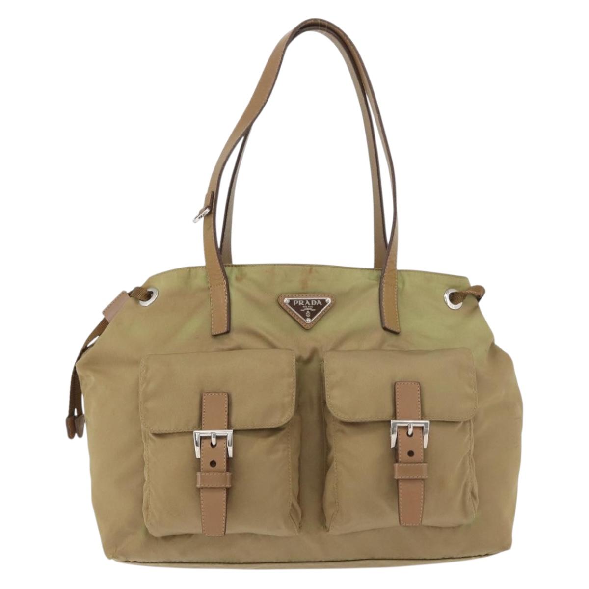 PRADA Hand Bag Nylon Khaki Silver Auth 176138