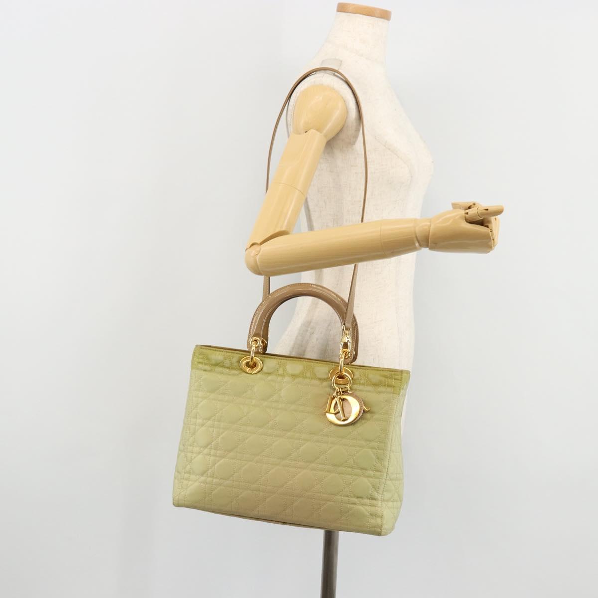 Christian Dior Canage Hand Bag Nylon 2way Green Gold Auth 176178