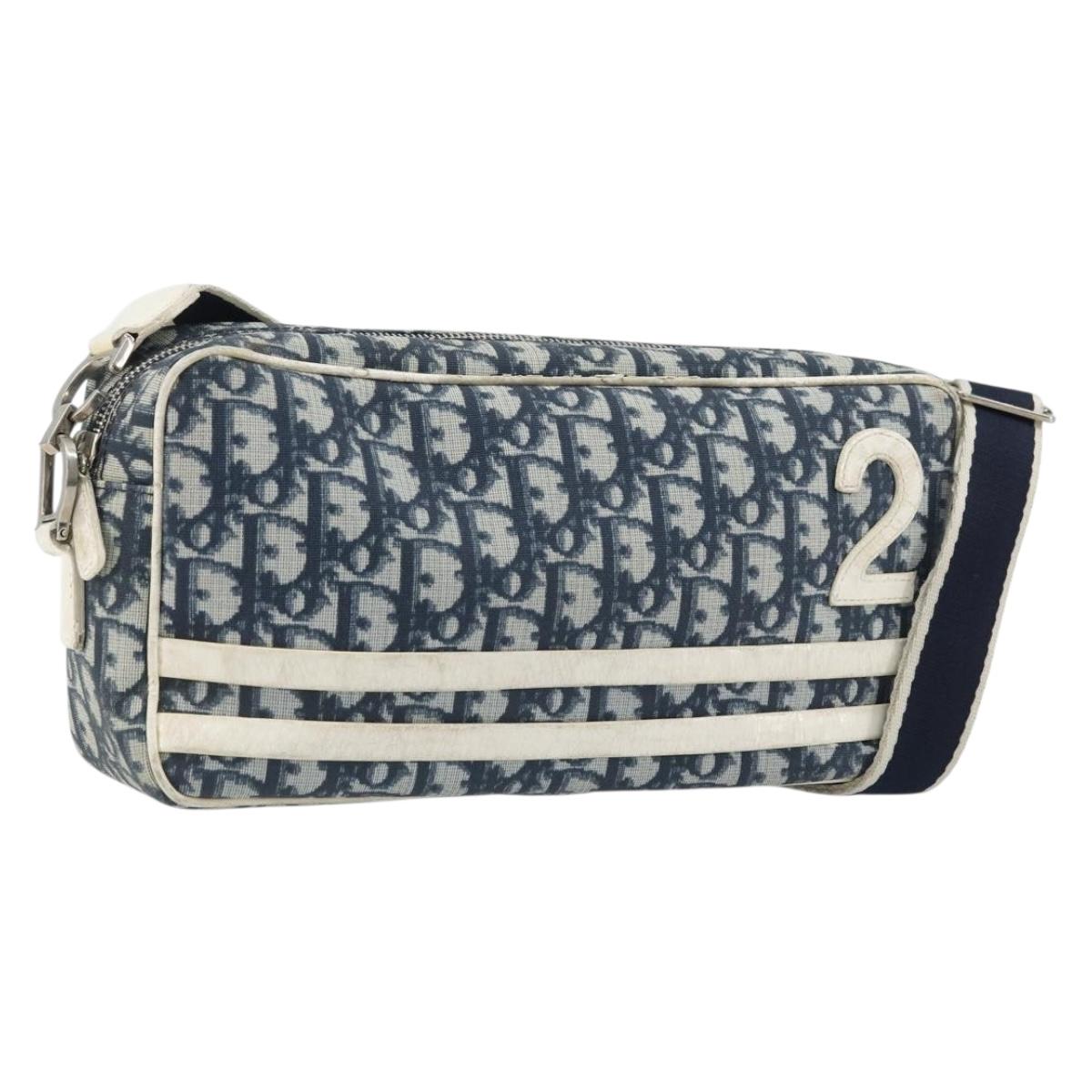 Christian Dior Trotter Canvas Shoulder Bag PVC Navy Silver Auth 176185