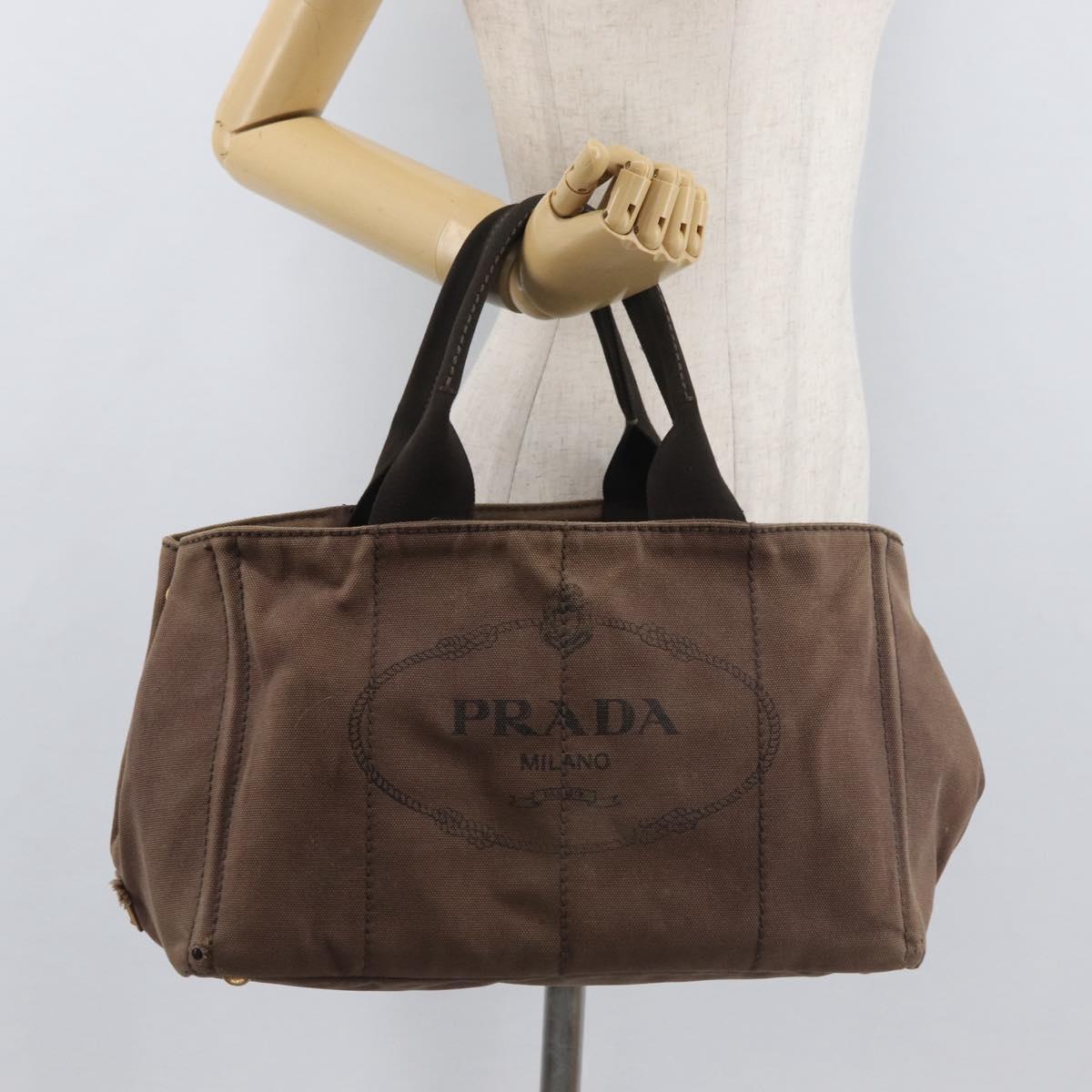 PRADA Canapa MM Hand Bag Canvas Brown Gold Auth 176198