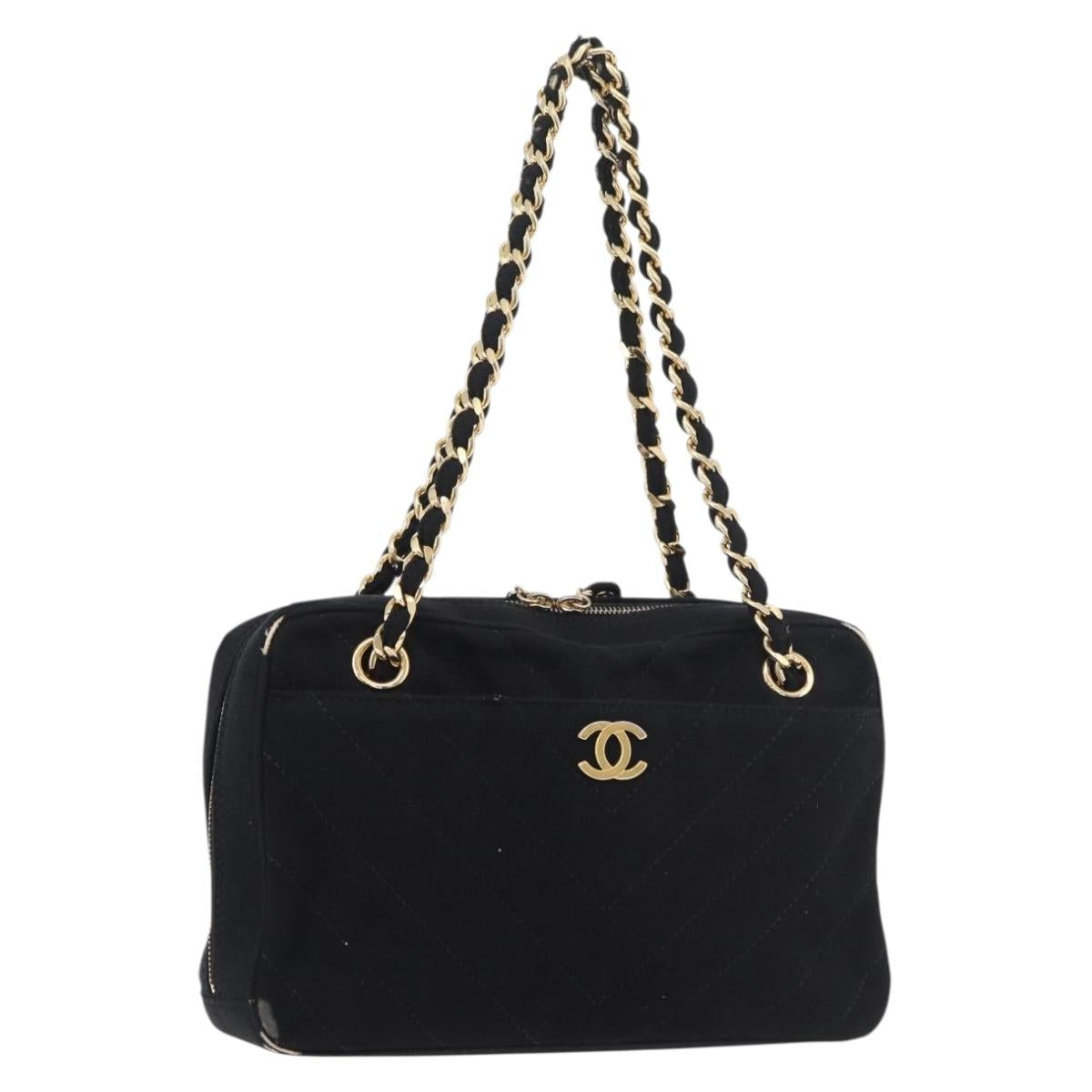 CHANEL V Stitch Chain Hand Bag Cotton Black Gold CC Auth 176202