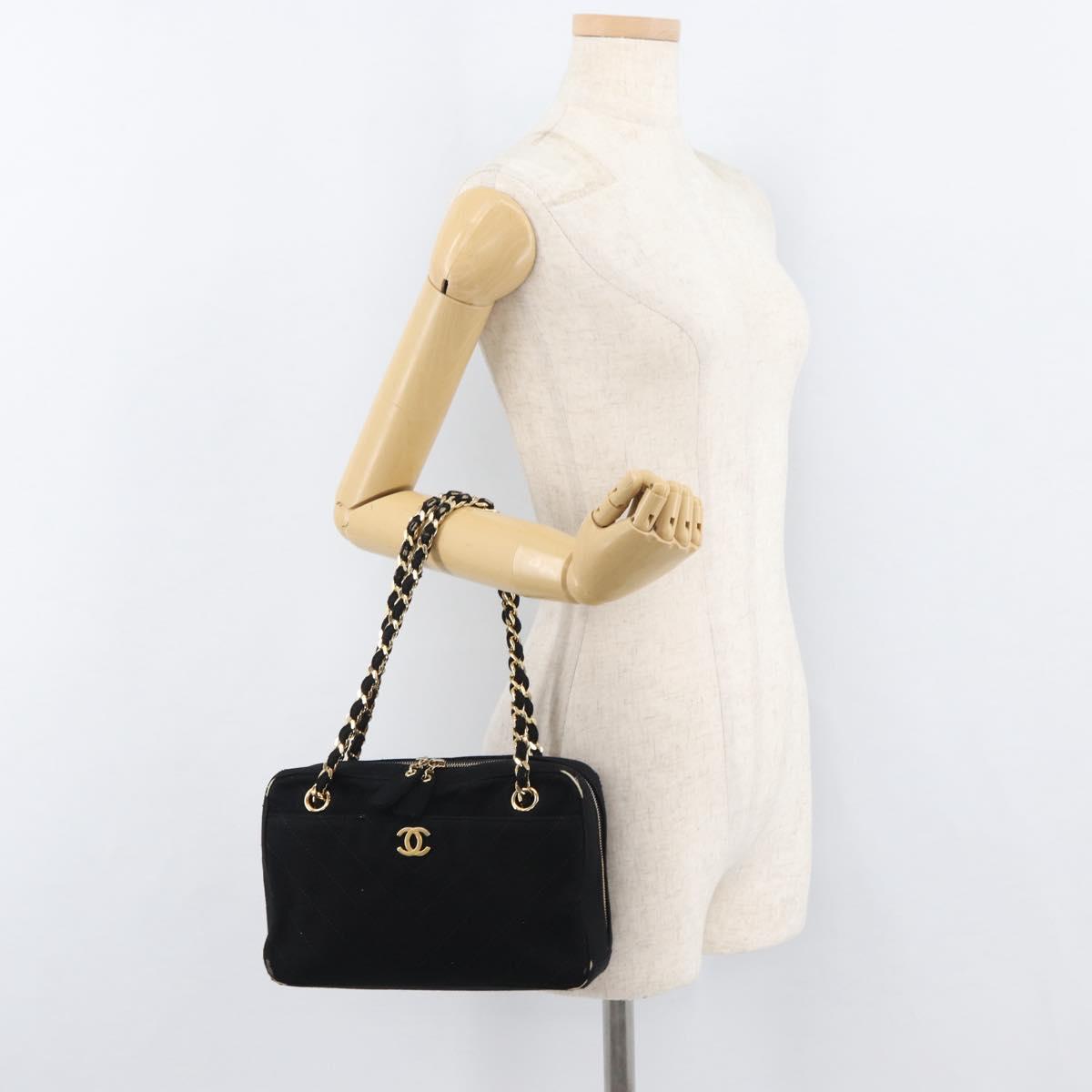 CHANEL V Stitch Chain Hand Bag Cotton Black Gold CC Auth 176202
