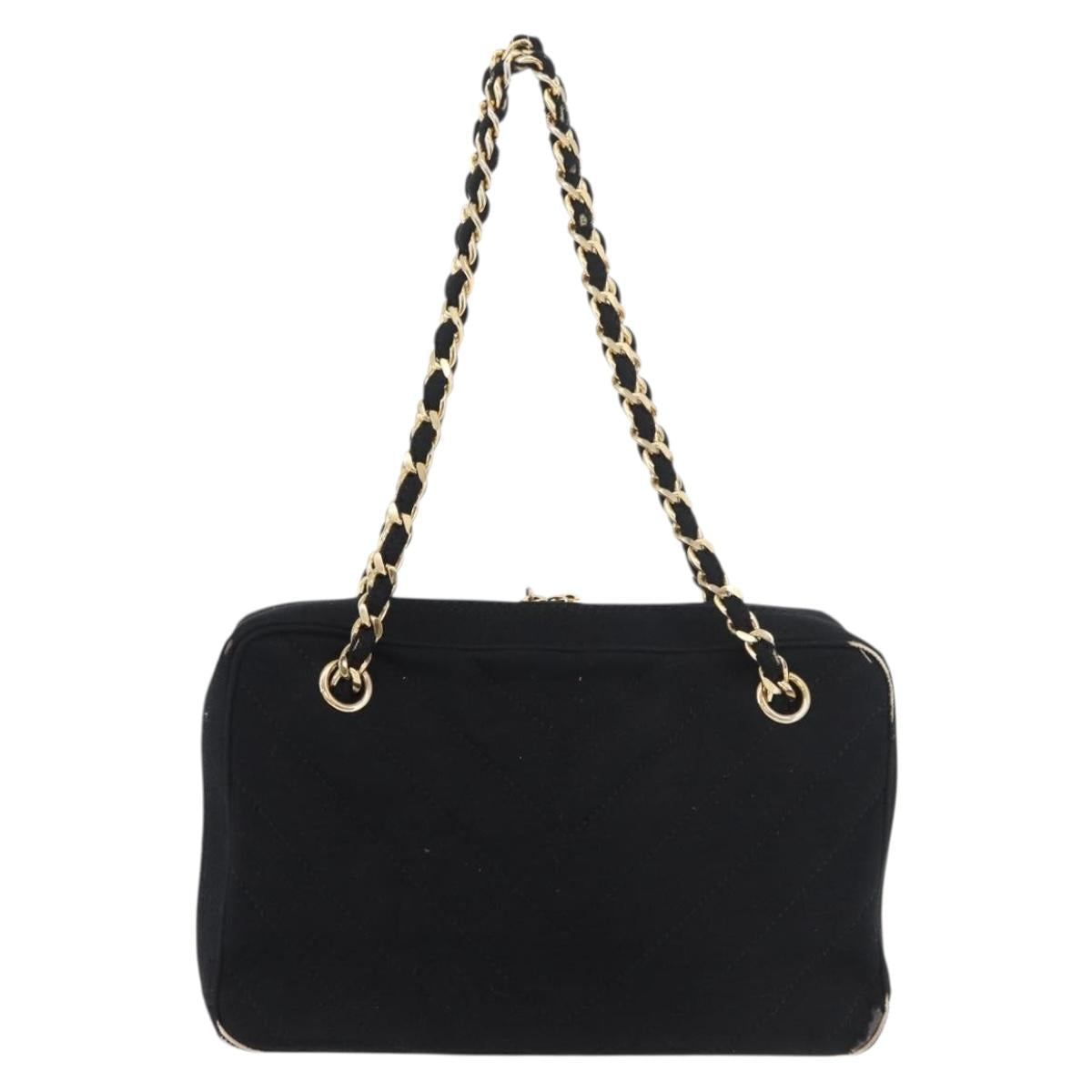 CHANEL V Stitch Chain Hand Bag Cotton Black Gold CC Auth 176202