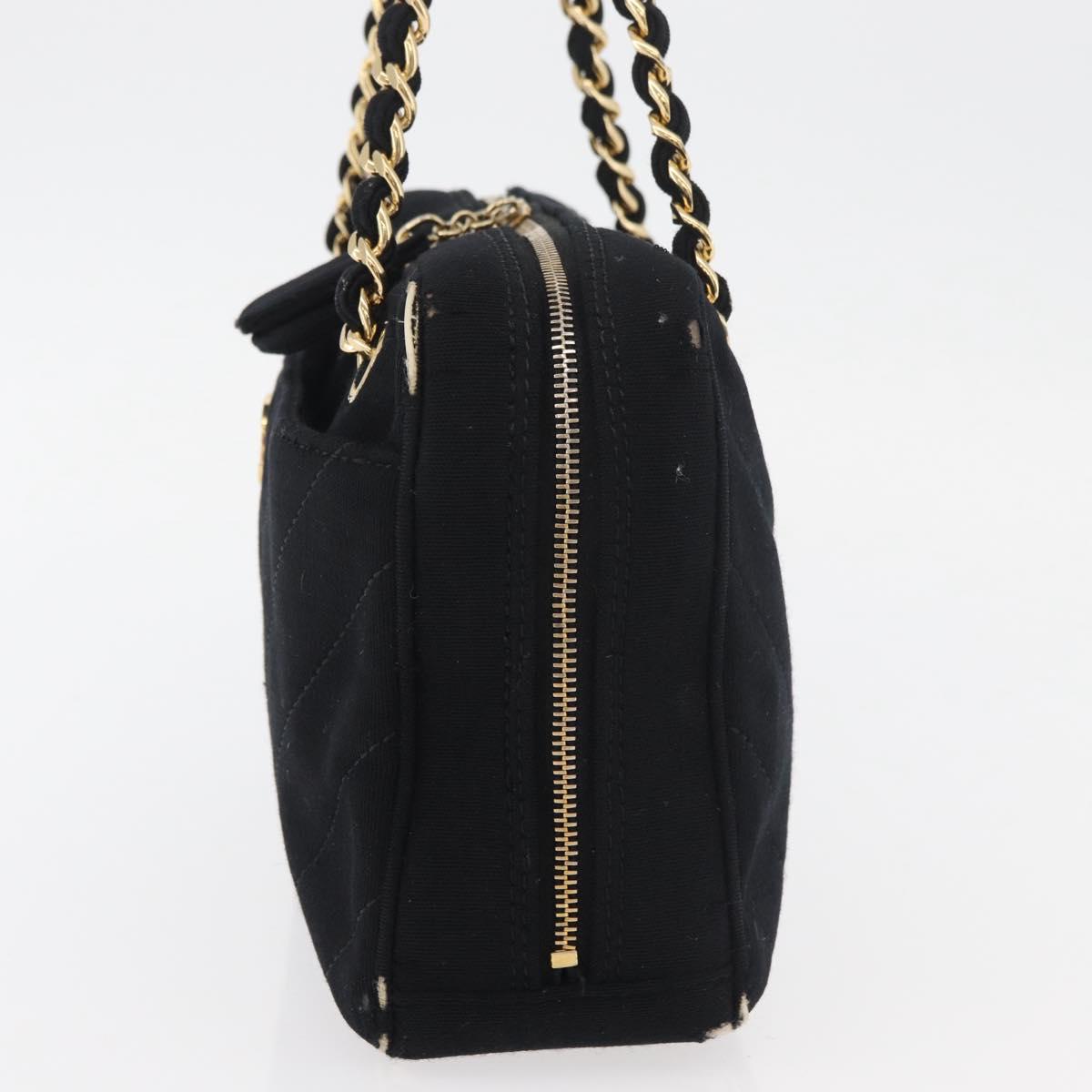 CHANEL V Stitch Chain Hand Bag Cotton Black Gold CC Auth 176202