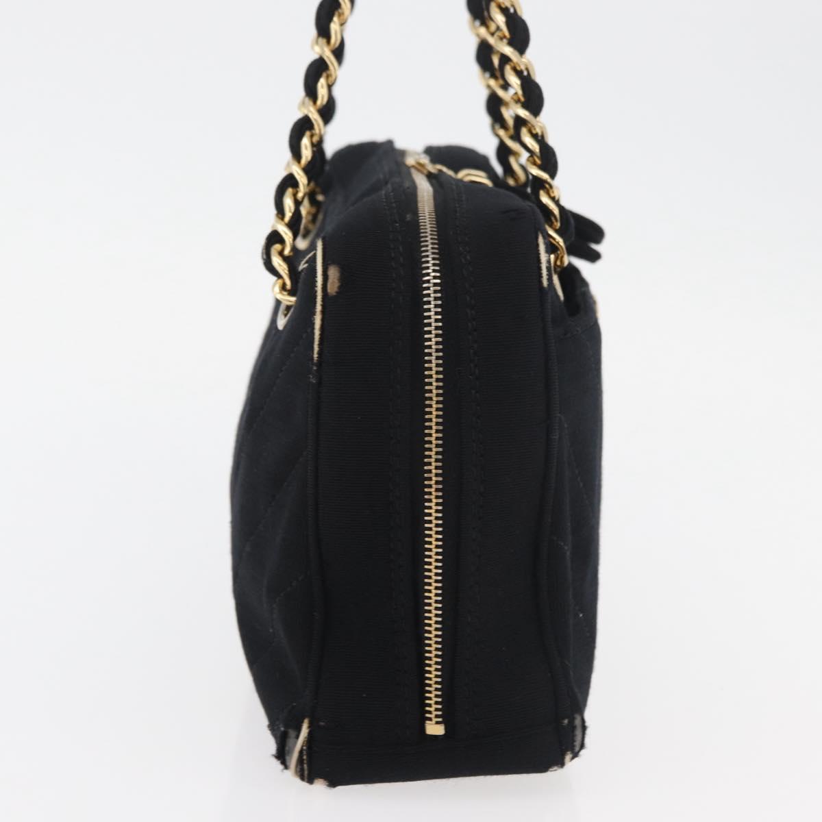 CHANEL V Stitch Chain Hand Bag Cotton Black Gold CC Auth 176202