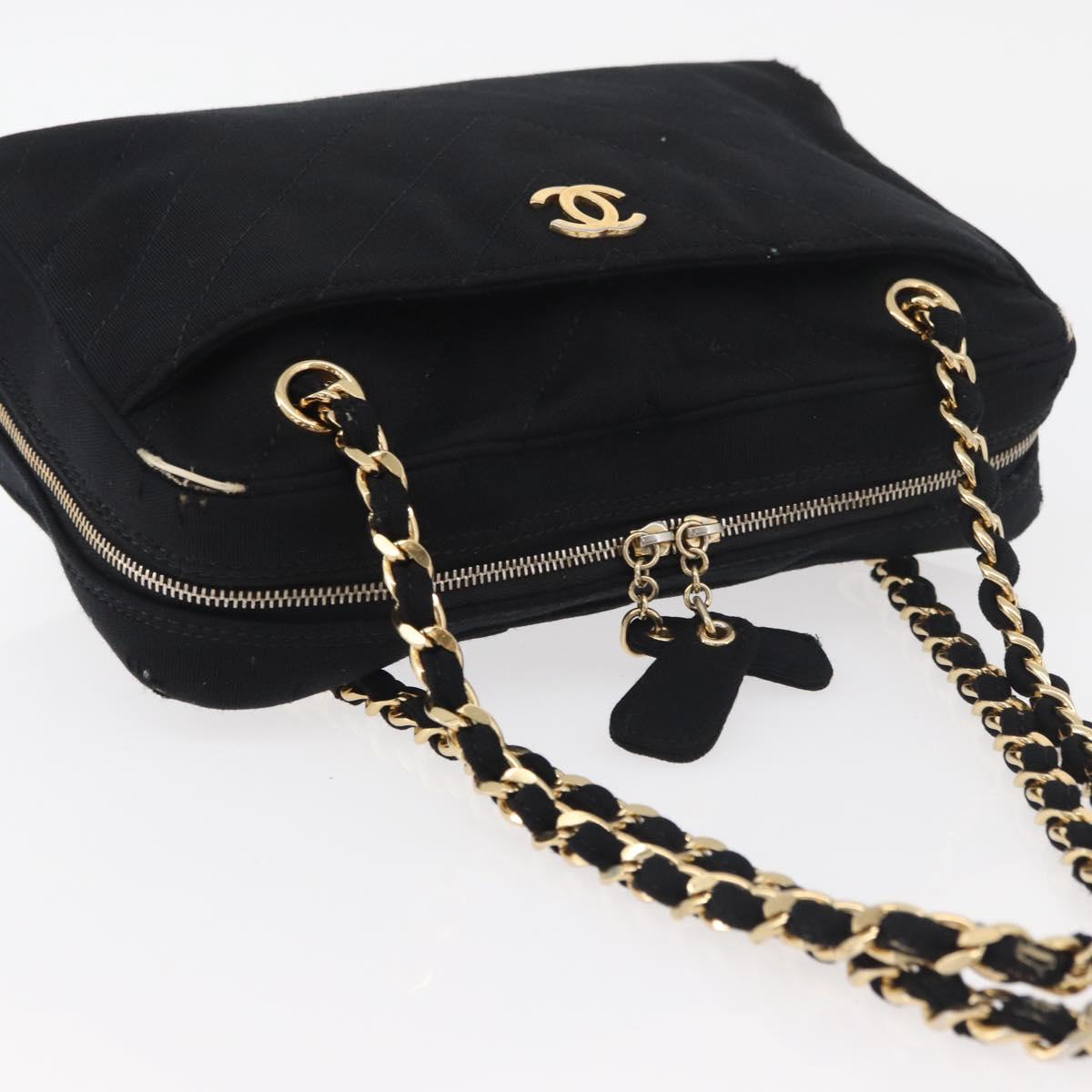 CHANEL V Stitch Chain Hand Bag Cotton Black Gold CC Auth 176202