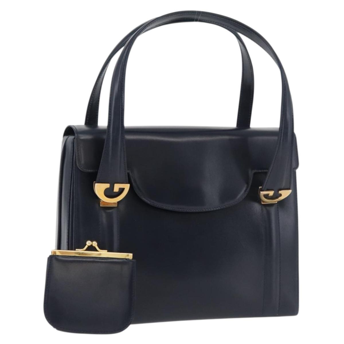 GUCCI Hand Bag Leather Navy Gold Auth 176213