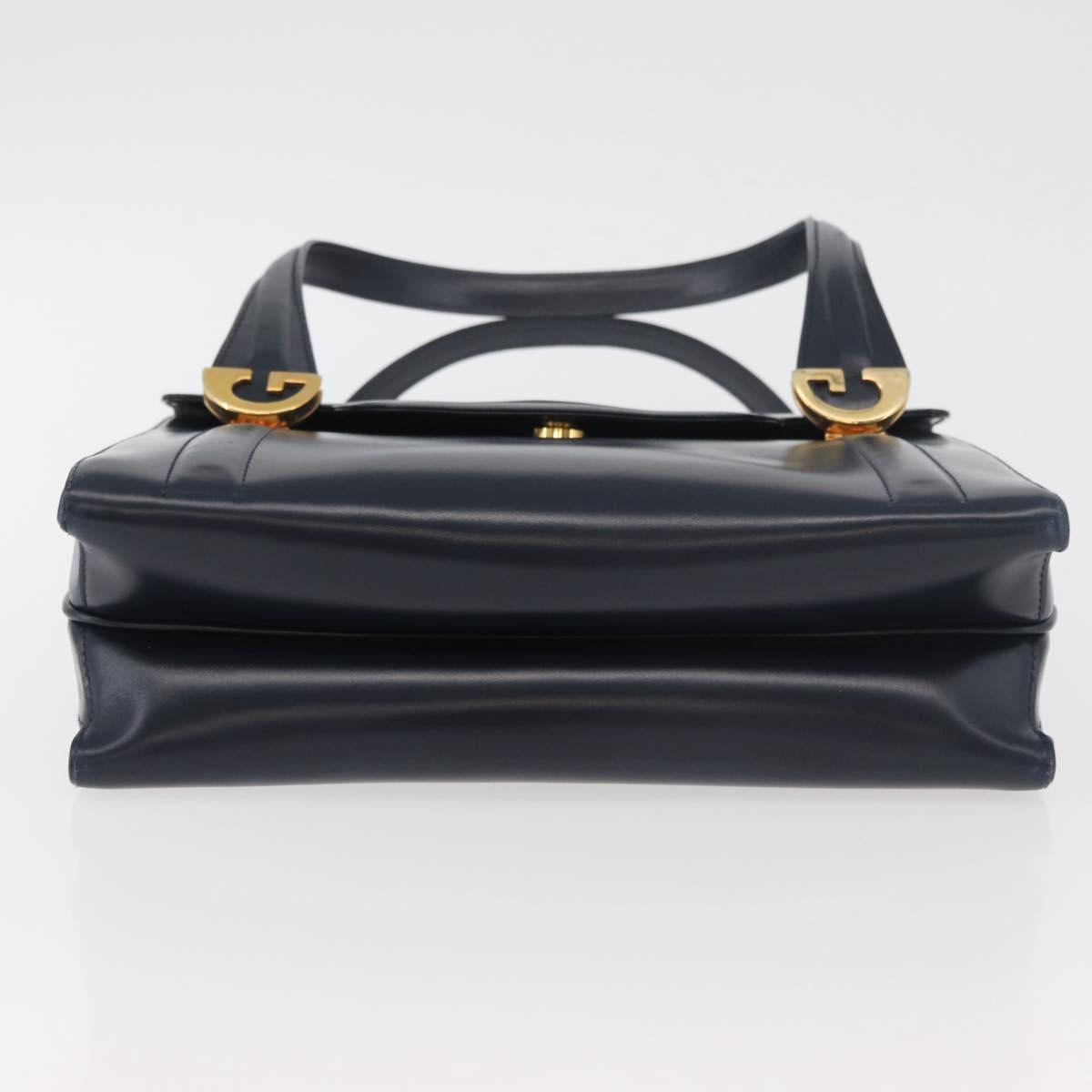 GUCCI Hand Bag Leather Navy Gold Auth 176213