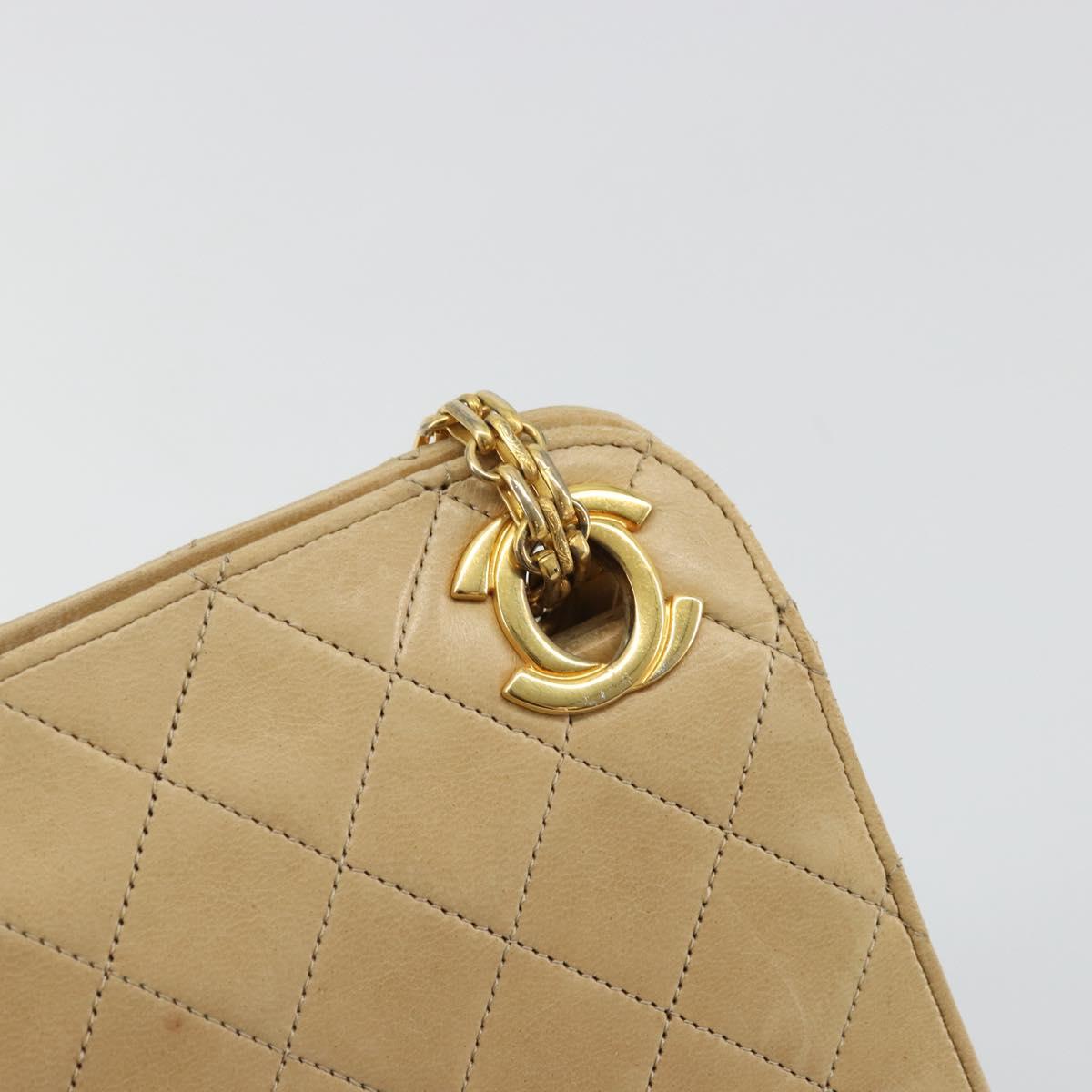 CHANEL Matelasse Chain Shoulder Bag Lamb Skin Beige Gold CC Auth 176218