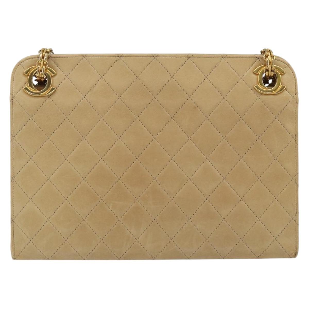 CHANEL Matelasse Chain Shoulder Bag Lamb Skin Beige Gold CC Auth 176218