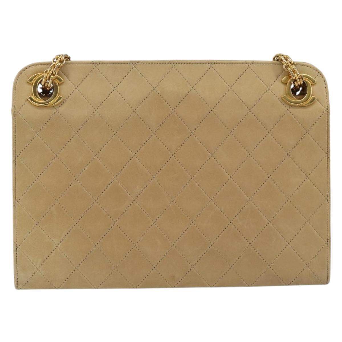 CHANEL Matelasse Chain Shoulder Bag Lamb Skin Beige Gold CC Auth 176218