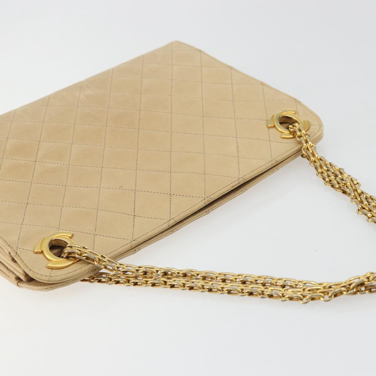 CHANEL Matelasse Chain Shoulder Bag Lamb Skin Beige Gold CC Auth 176218