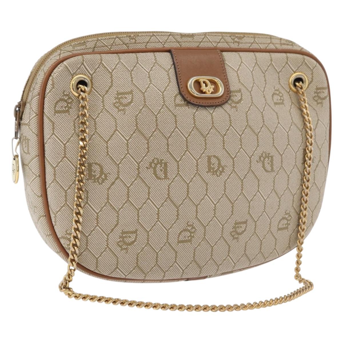 Christian Dior Honeycomb Canvas Chain Shoulder Bag PVC Beige Gold Auth 176223A