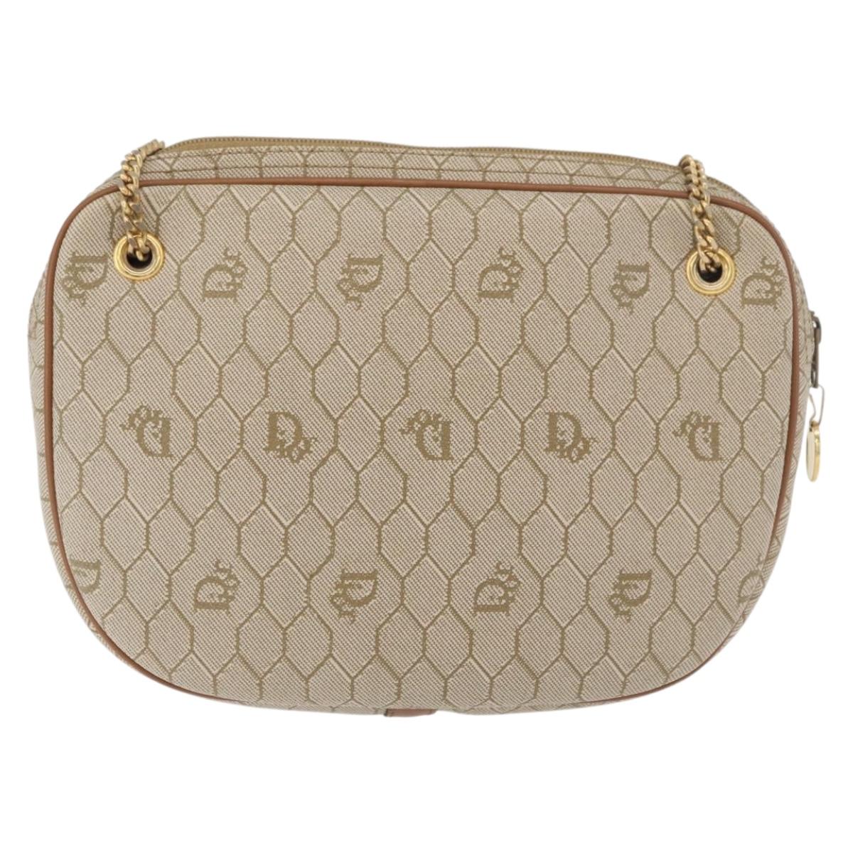 Christian Dior Honeycomb Canvas Chain Shoulder Bag PVC Beige Gold Auth 176223A