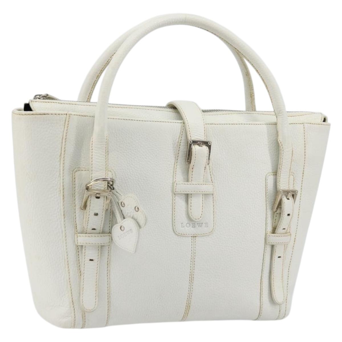 LOEWE Hand Bag Leather White Silver Auth 176235