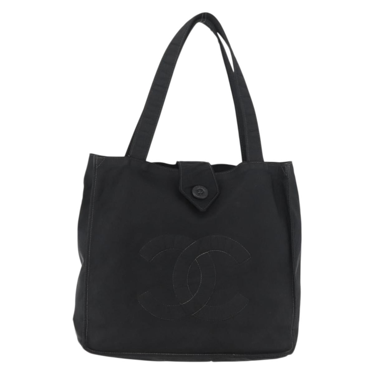 CHANEL Hand Bag Nylon Black Silver CC Auth 176247